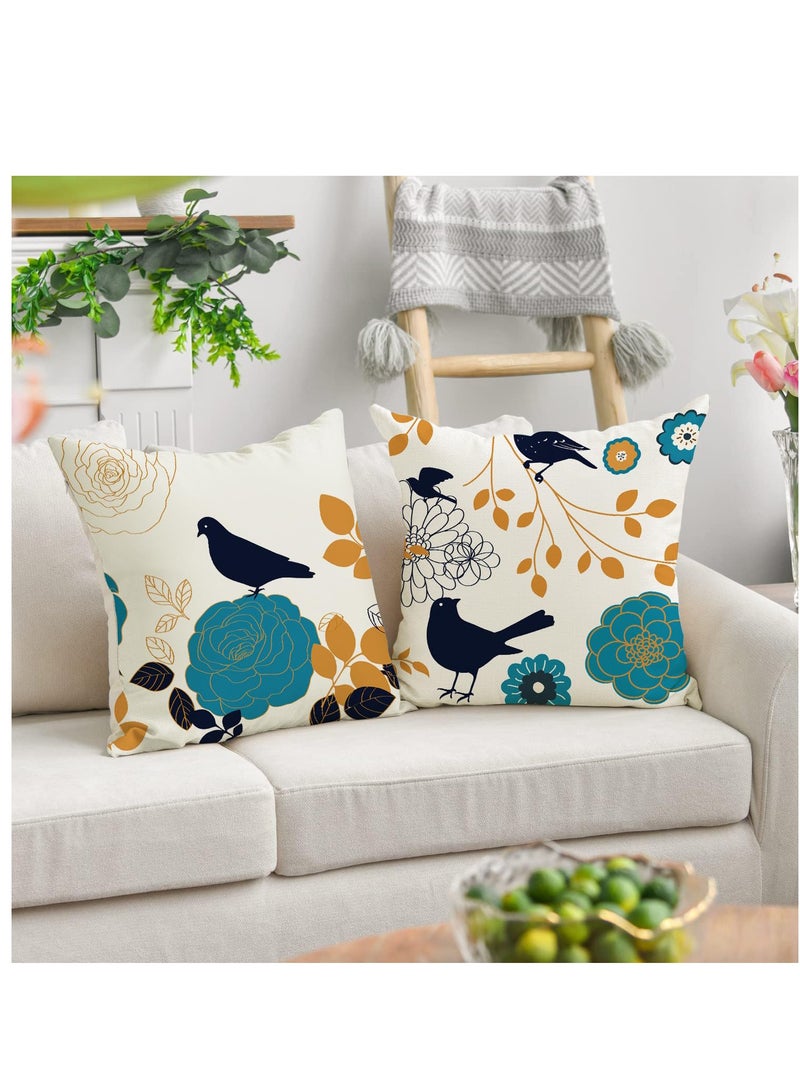 Excefore Flower Throw Pillow Covers, Set of 4 18x18 Inch  Leaf Bird Floral Outdoor Decorative Pillow Cover Linen Square Cushion Cover Pillowcases for Sofa Bed Farmhouse Home Decor - Image 3