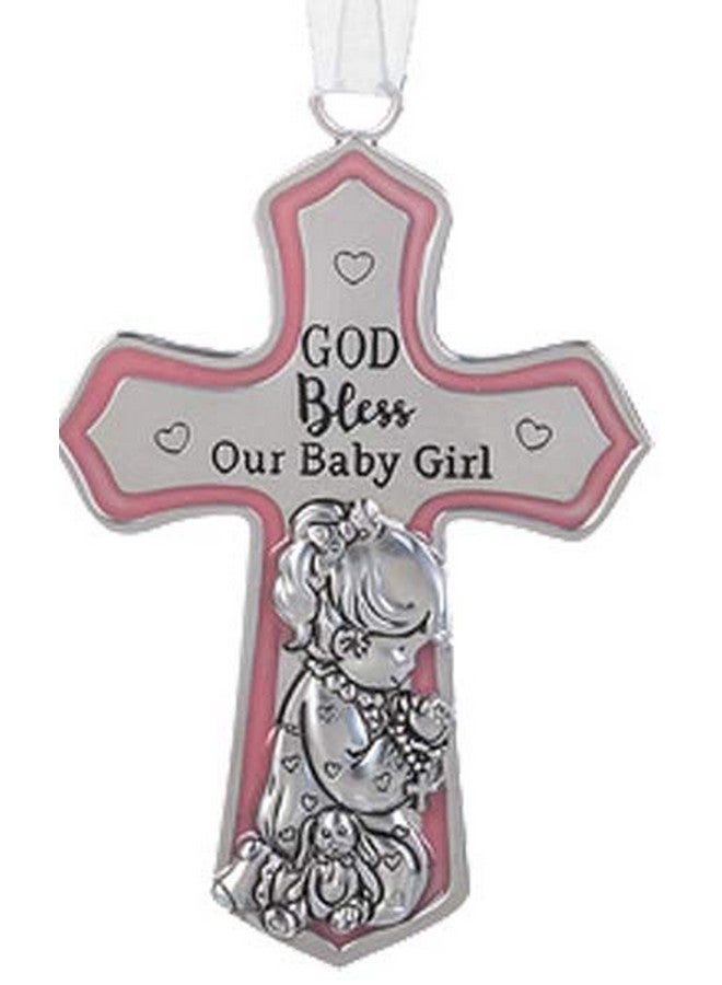 GANZ Ornate Crib Cross Decor with Ribbon Baby Girl for Baptism, Christening, Baby Shower "God Bless Our Baby Girl" - Image 1
