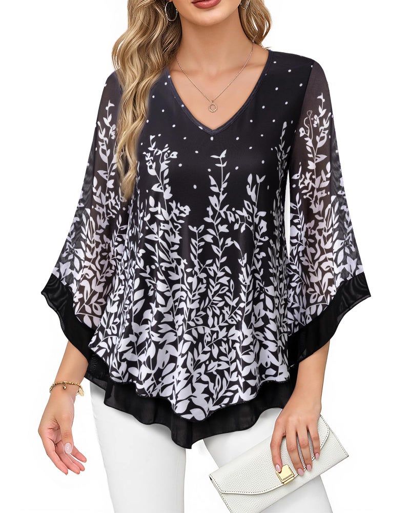 Lotusmile Womens Dressy Blouse Double Layers Mesh Shirt Ruffle 34 Flared Sleeve Tunic Tops Floral Black White L