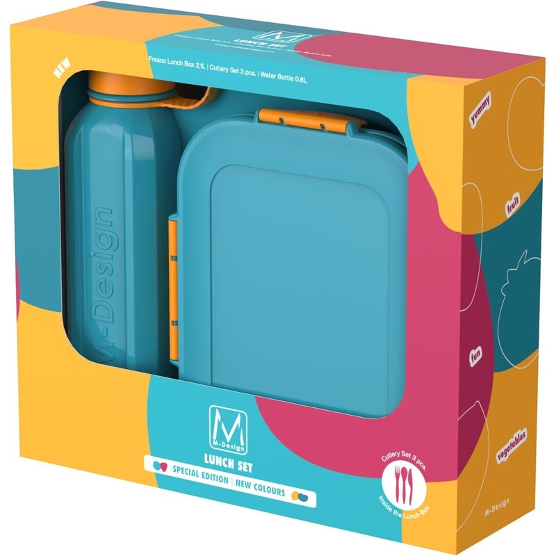 أم-ديزاين صندوق طعام 2.1 لتر مع زجاجة مياه 0.8 لتر - ازرق وبرتقالي - Size 1 - Image 1