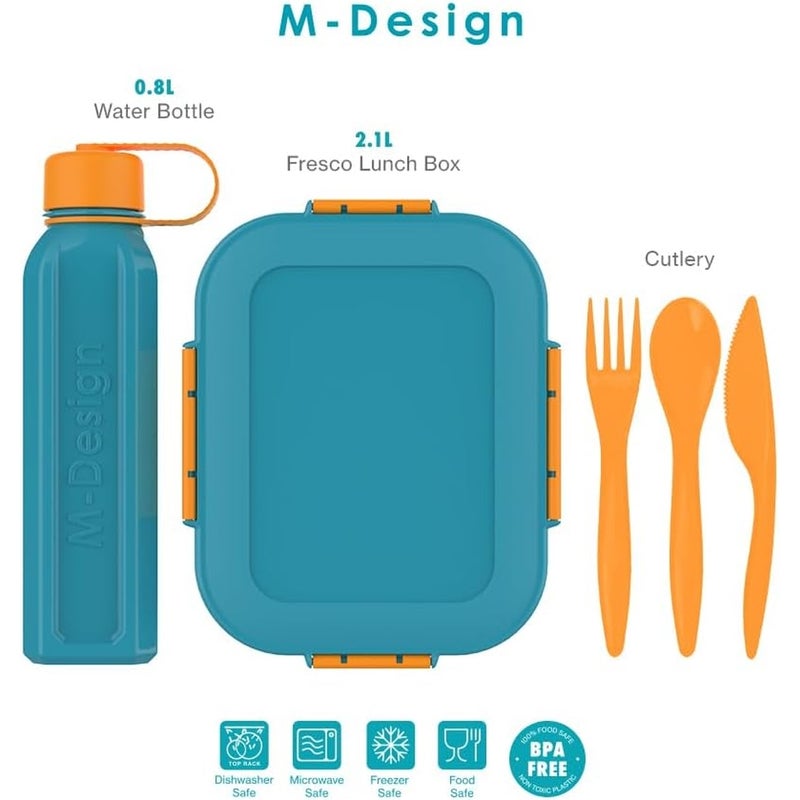 أم-ديزاين صندوق طعام 2.1 لتر مع زجاجة مياه 0.8 لتر - ازرق وبرتقالي - Size 1 - Image 2