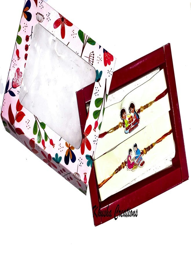 KHUSHA CREATIONS Rakhi للأخ/مصمم خشبي أحدث مجموعة راخي مكونة من 3 راخي (رعاية بهاي، شوتا بهاي، راكشاباندان السعيد) مع رولي تشاوال لراخاباندهان/هدية للراخي - Image 2
