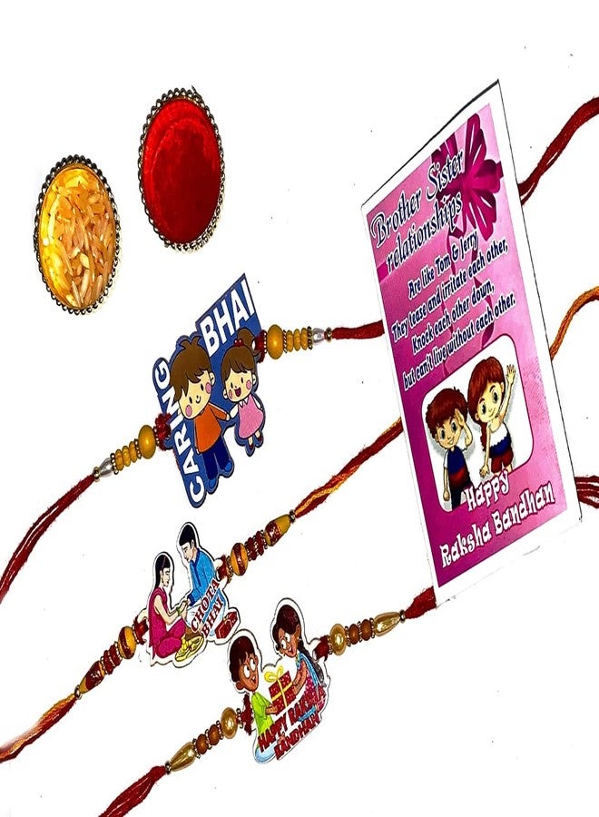 KHUSHA CREATIONS Rakhi للأخ/مصمم خشبي أحدث مجموعة راخي مكونة من 3 راخي (رعاية بهاي، شوتا بهاي، راكشاباندان السعيد) مع رولي تشاوال لراخاباندهان/هدية للراخي - Image 1