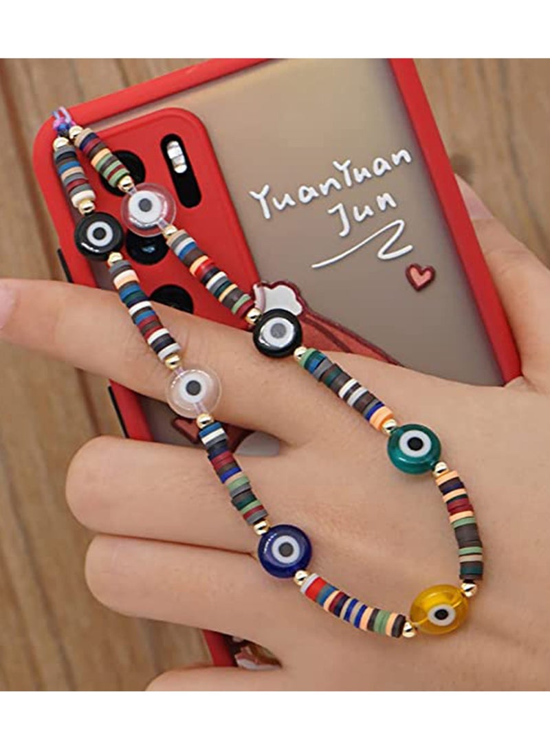 KASTWAVE Evil Eye Lucky Y2K Chain for Mobile Phone Wrist Strap Polymer Clay Wristlet String Boho Cell Chains Beaded Lanyard Handmade Rainbow Acrylic Beads Pearl Bracelet Keychain Women - Image 2