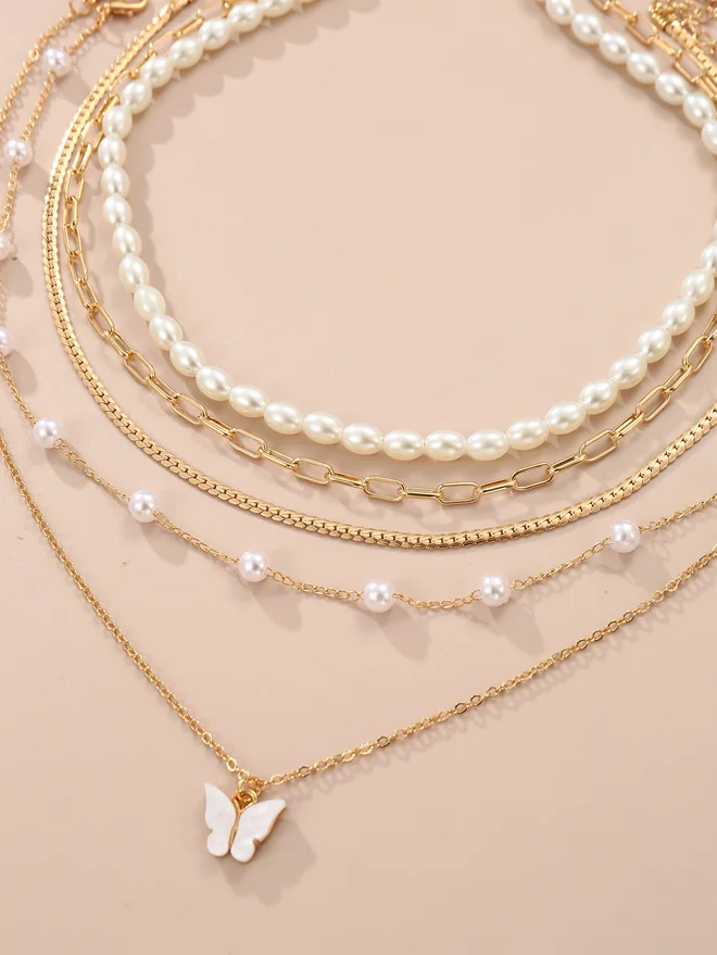 تايك تو Take Two Set of 3 - Butterfly Pendant Faux Pearl Necklace