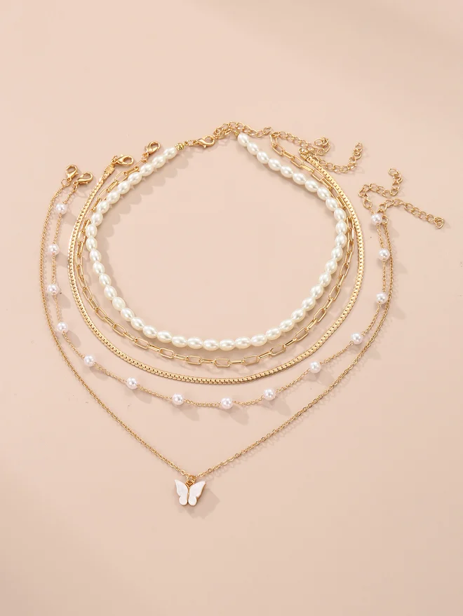 تايك تو Take Two Set of 3 - Butterfly Pendant Faux Pearl Necklace