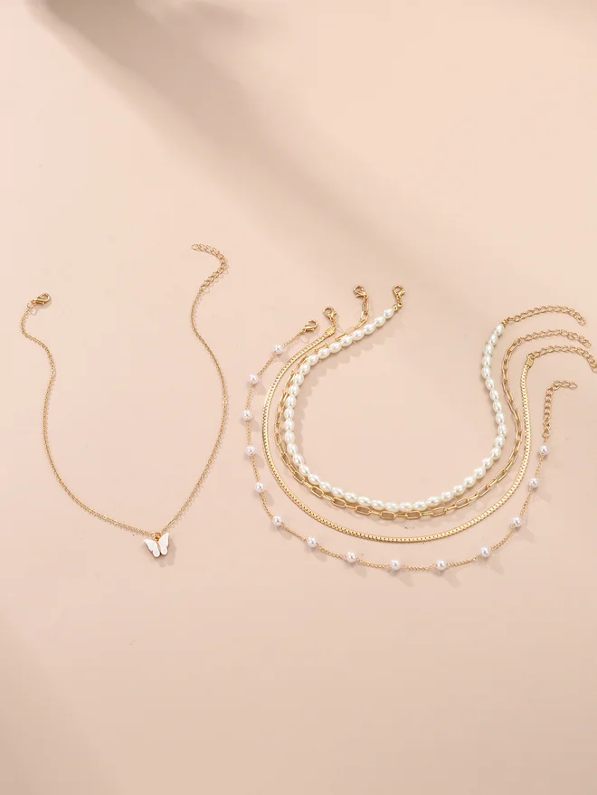 Take Two Take Two Set of 3 - Butterfly Pendant Faux Pearl Necklace