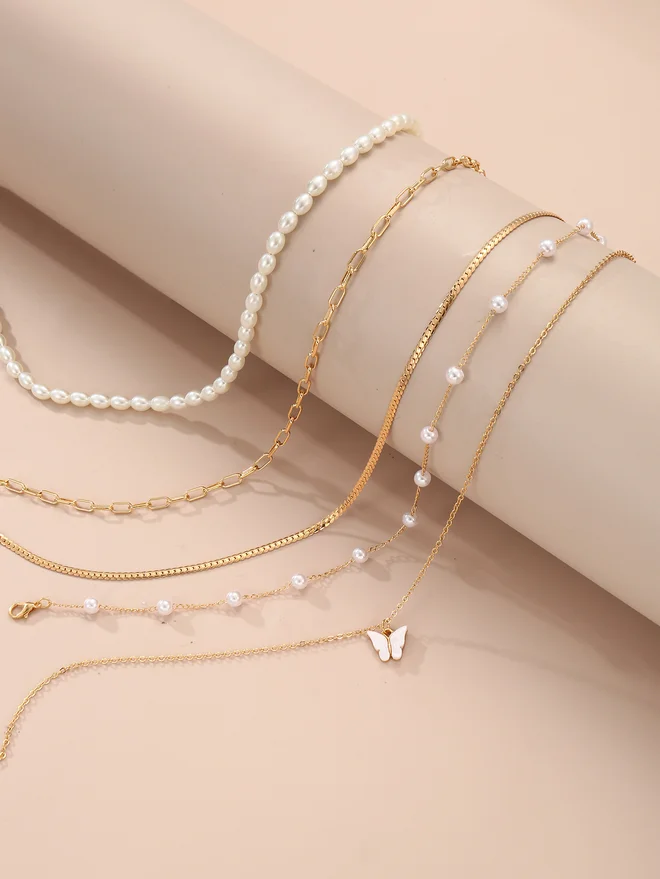 تايك تو Take Two Set of 3 - Butterfly Pendant Faux Pearl Necklace