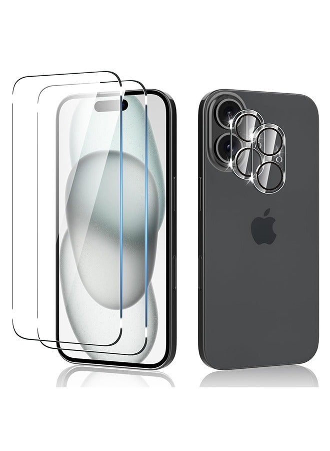 4 عبوات من واقيات شاشة iPhone 16 + واقيات عدسة الكاميرا، عالية الوضوح، مقاومة للكسر بدرجة عسكرية، طبقة زجاجية مقواة 9H لهاتف iPhone 16 شفافة، شاشة تغطية كاملة، [2+2 عبوة] - Image 1