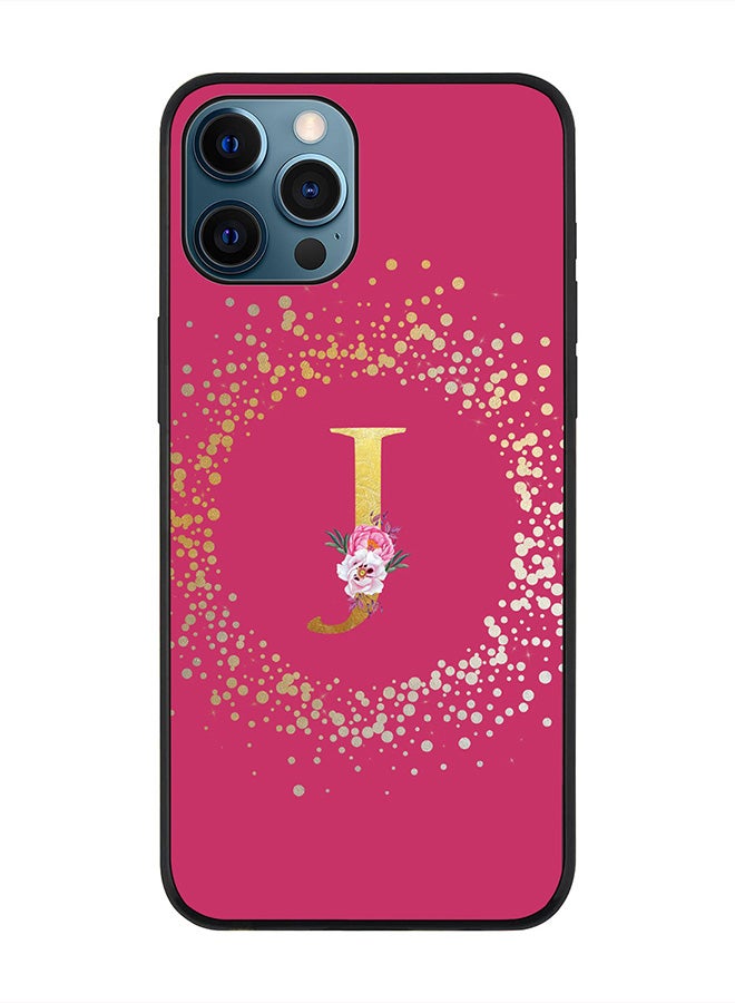 Stylizedd Rugged Black edge case for Apple iPhone 12 Pro, Slim fit Rubber Edges  -  Custom Monogram Initial Letter Floral Pattern Alphabet - J  (Dark Pink Rose ) - Image 1