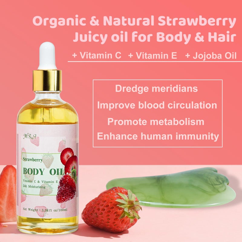 MR.A 2 Pack Strawberry Body Oil Juice Scented, Vitamin E Body Oil after Shower, Strawberry Shortcake Body Moisturizer Bath Oil for Dry Skin, Guasha Oil with Guasha Tool - Image 2