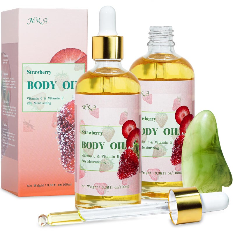 MR.A 2 Pack Strawberry Body Oil Juice Scented, Vitamin E Body Oil after Shower, Strawberry Shortcake Body Moisturizer Bath Oil for Dry Skin, Guasha Oil with Guasha Tool - Image 1