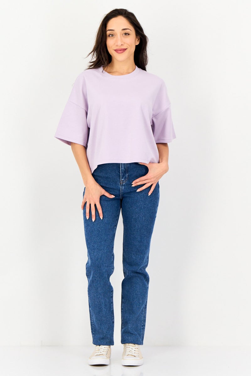 Core Elements Women Crew Neck Plain Short Sleeve T-Shirt, Lavender - Image 4