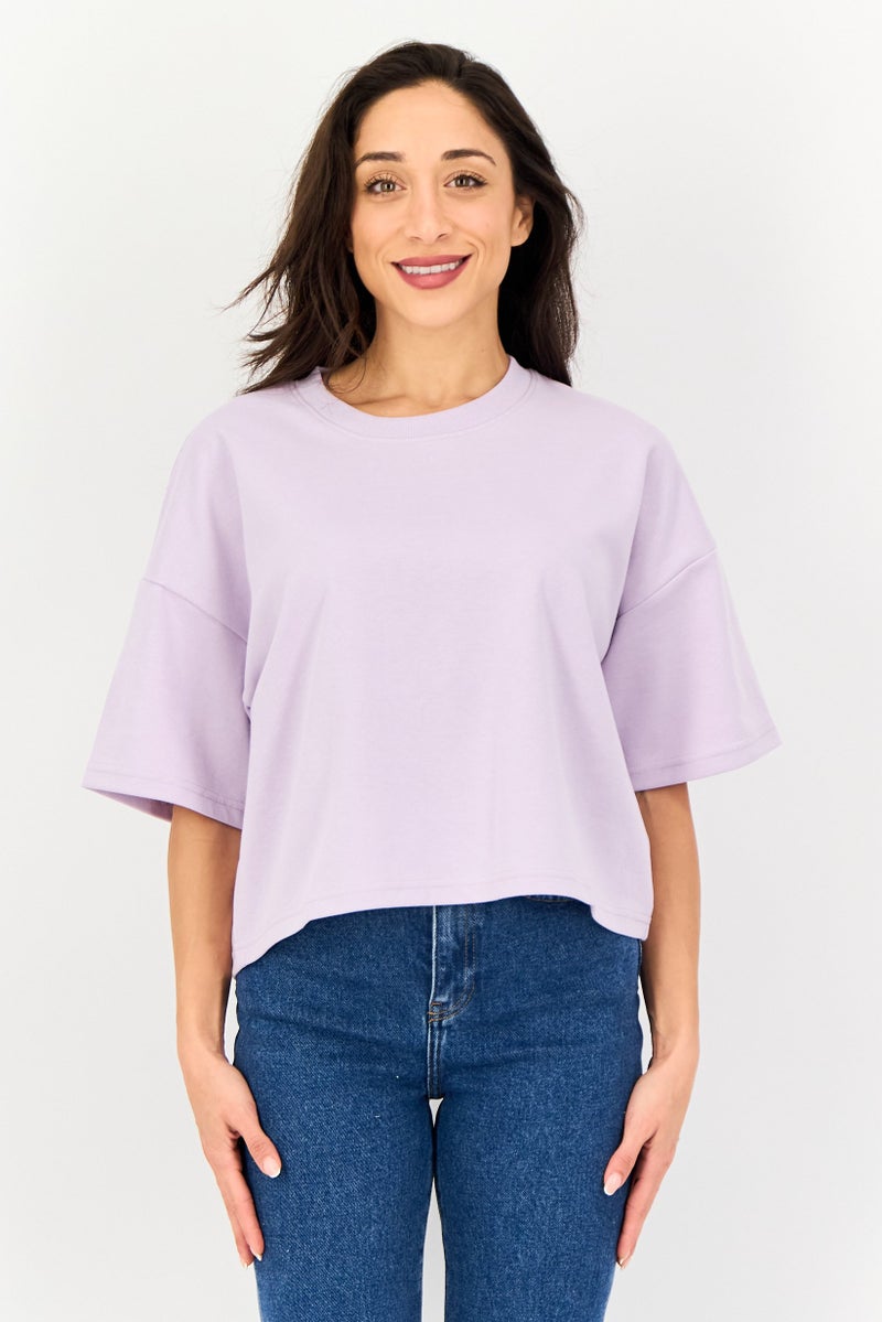 Core Elements Women Crew Neck Plain Short Sleeve T-Shirt, Lavender - Image 1