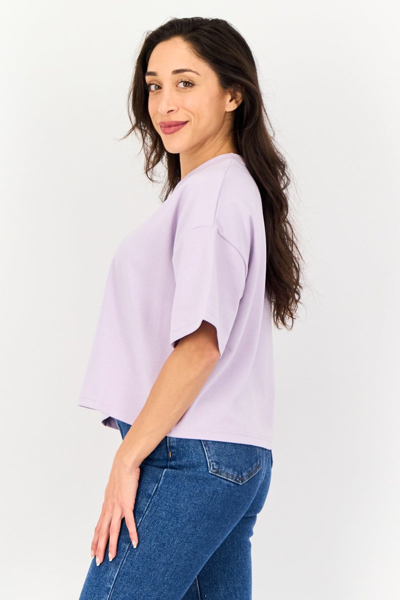 Core Elements Women Crew Neck Plain Short Sleeve T-Shirt, Lavender - Image 2