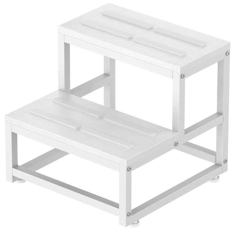 LIANTRAL 2 Step Stool for Adults Kids, Heavy Duty Sturdy Steel Frame with Wooden Steps, Bedside Foot Stool with 500lbs Load Capacity, Non-Slip Step Stool for High Bed, Kitchen, RV Step - White - Image 1