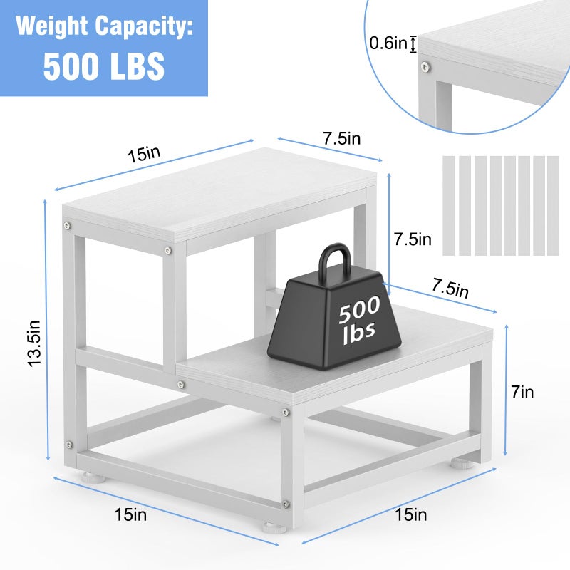 LIANTRAL 2 Step Stool for Adults Kids, Heavy Duty Sturdy Steel Frame with Wooden Steps, Bedside Foot Stool with 500lbs Load Capacity, Non-Slip Step Stool for High Bed, Kitchen, RV Step - White - Image 2