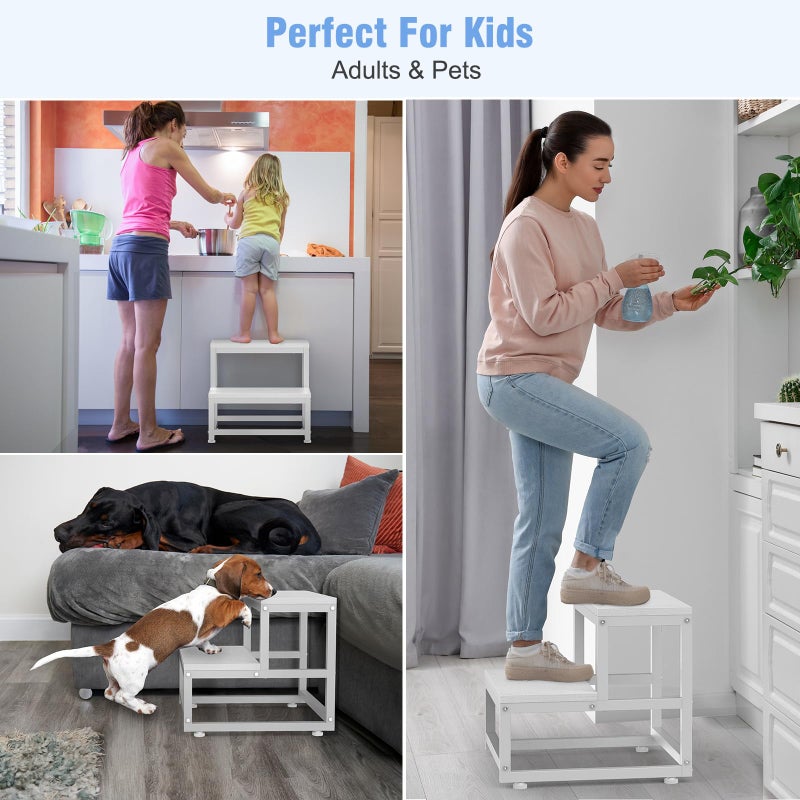 LIANTRAL 2 Step Stool for Adults Kids, Heavy Duty Sturdy Steel Frame with Wooden Steps, Bedside Foot Stool with 500lbs Load Capacity, Non-Slip Step Stool for High Bed, Kitchen, RV Step - White - Image 5