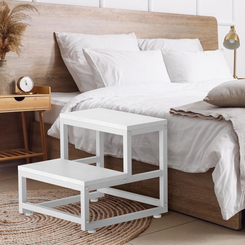 LIANTRAL 2 Step Stool for Adults Kids, Heavy Duty Sturdy Steel Frame with Wooden Steps, Bedside Foot Stool with 500lbs Load Capacity, Non-Slip Step Stool for High Bed, Kitchen, RV Step - White - Image 4