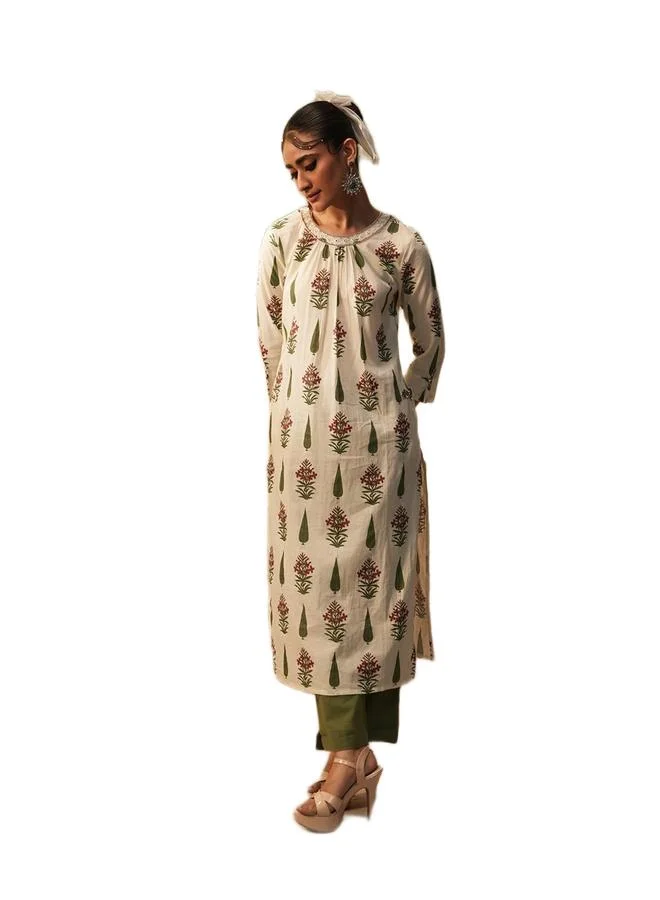 ISHIN Women's Green Cotton Printed Tunic Upper Calf Length Pleat Front Bottom Straight Fit 2 Peice Kurta Set