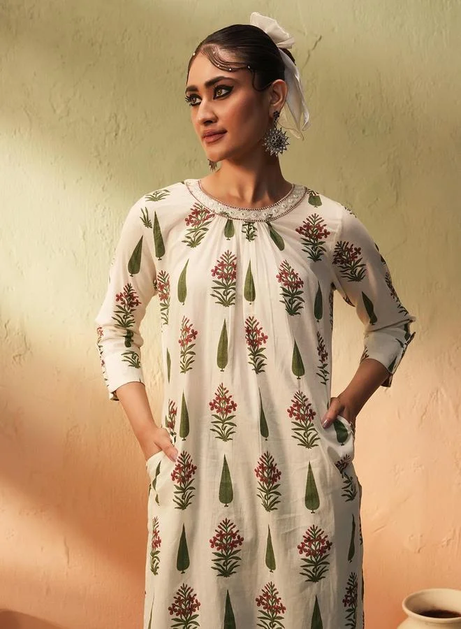 ISHIN Women's Green Cotton Printed Tunic Upper Calf Length Pleat Front Bottom Straight Fit 2 Peice Kurta Set