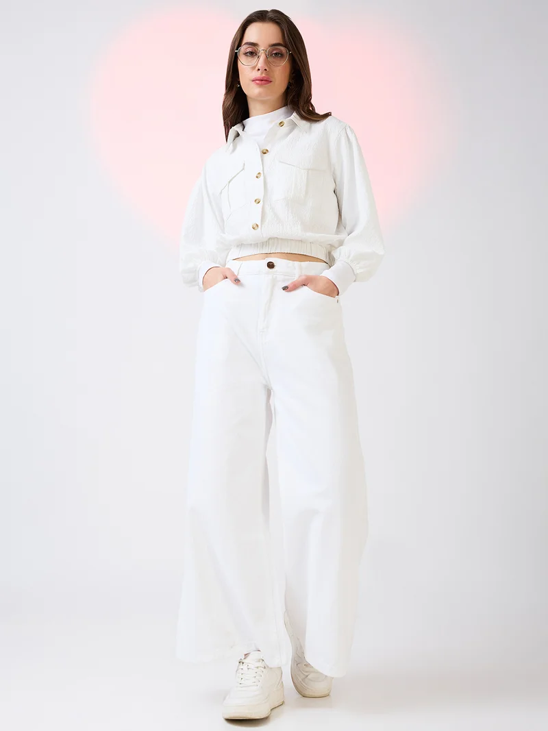 globus Women Self Design Collar Neck Puff Sleeves Shirt Style Top