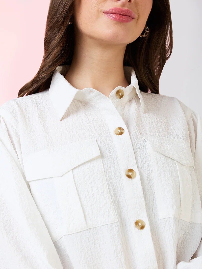 globus Women Self Design Collar Neck Puff Sleeves Shirt Style Top
