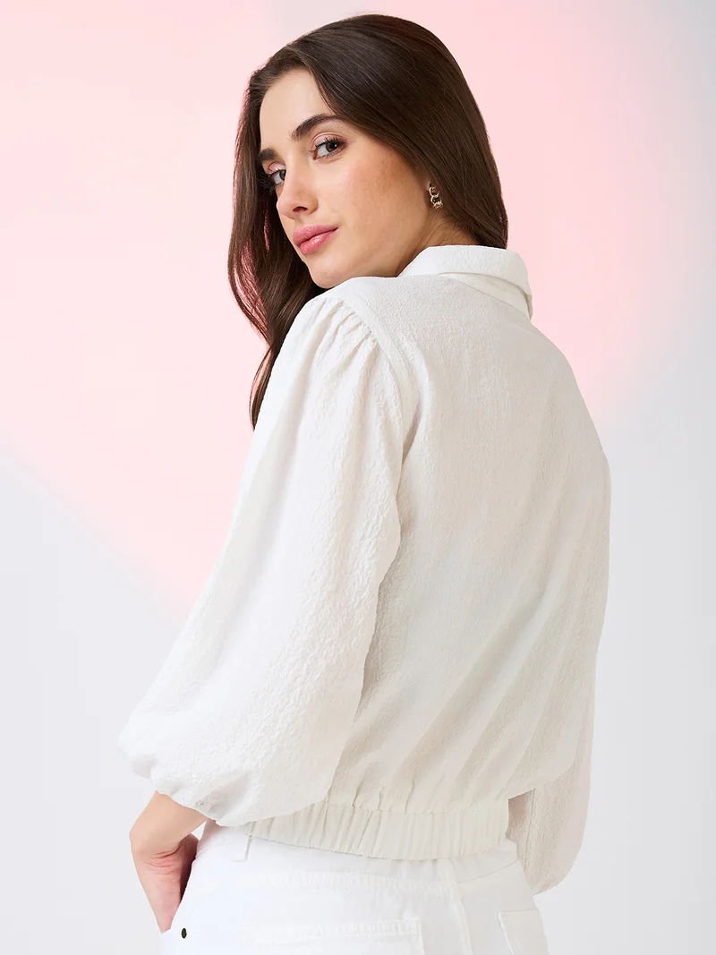 globus Women Self Design Collar Neck Puff Sleeves Shirt Style Top