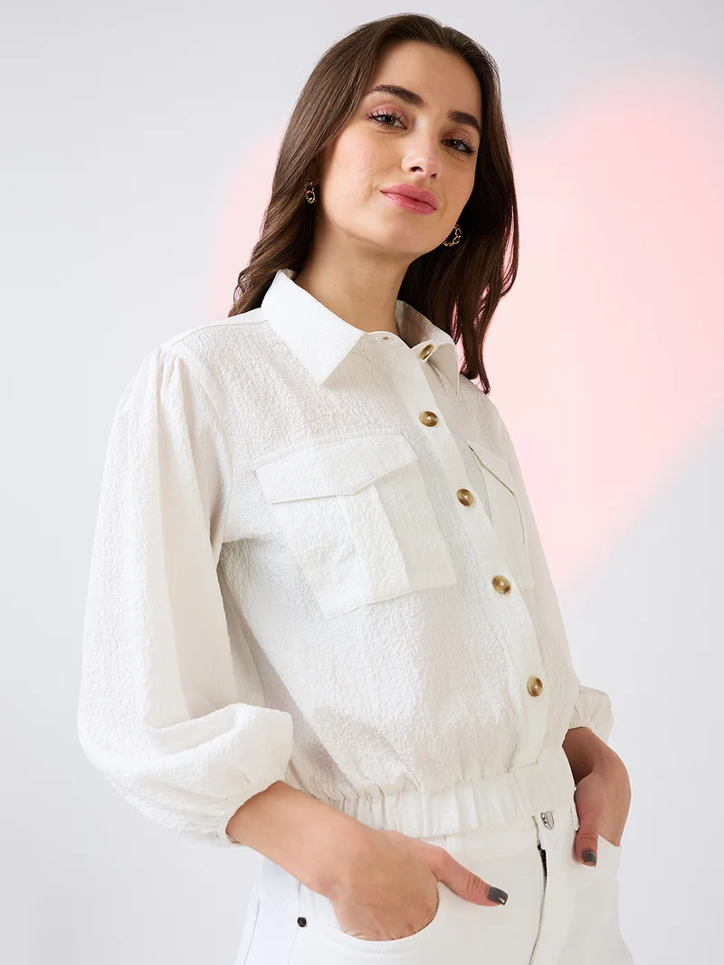 globus Women Self Design Collar Neck Puff Sleeves Shirt Style Top