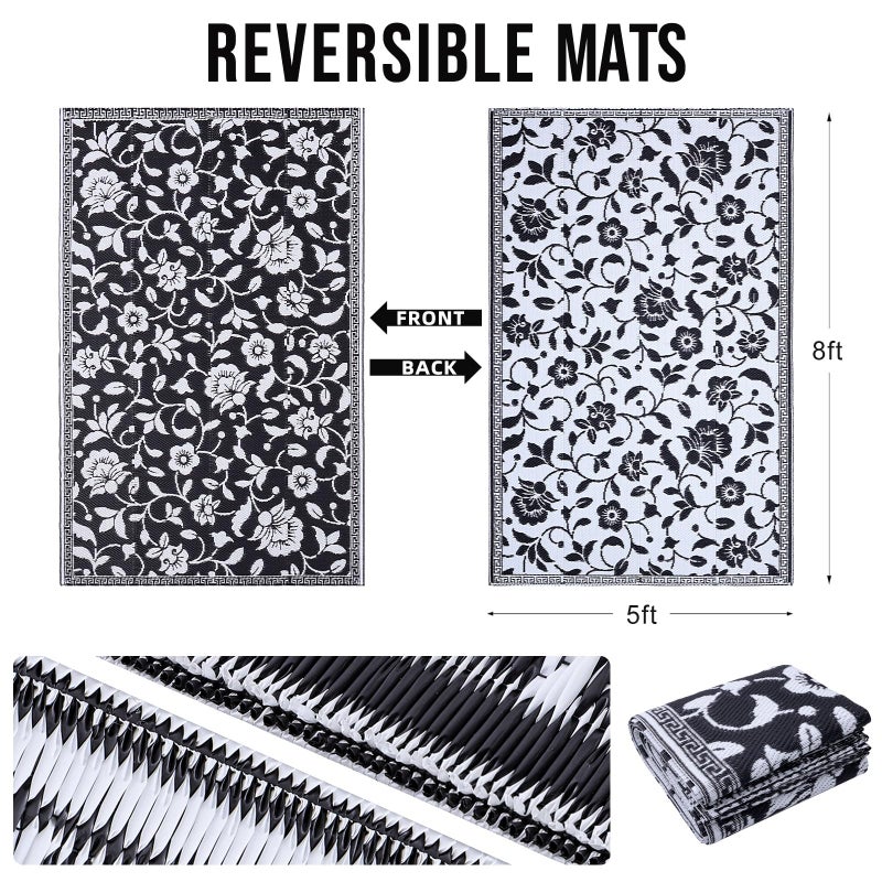 OLANLY Waterproof Outdoor Rug 5x8 ft, Outdoor Plastic Straw Rug with Flower Pattern, Reversible RV Mat for Patio, Camping, Balcony, Deck, Backyard, Black & White - Image 2