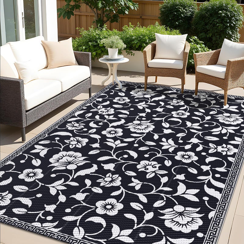 OLANLY Waterproof Outdoor Rug 5x8 ft, Outdoor Plastic Straw Rug with Flower Pattern, Reversible RV Mat for Patio, Camping, Balcony, Deck, Backyard, Black & White - Image 1