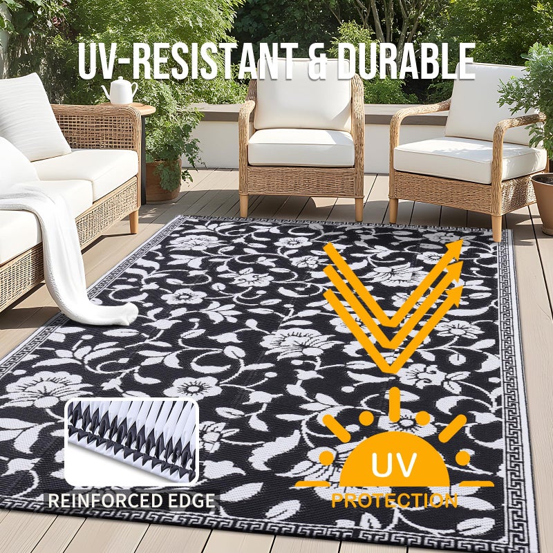 OLANLY Waterproof Outdoor Rug 5x8 ft, Outdoor Plastic Straw Rug with Flower Pattern, Reversible RV Mat for Patio, Camping, Balcony, Deck, Backyard, Black & White - Image 4