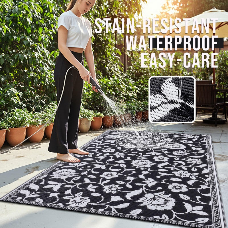 OLANLY Waterproof Outdoor Rug 5x8 ft, Outdoor Plastic Straw Rug with Flower Pattern, Reversible RV Mat for Patio, Camping, Balcony, Deck, Backyard, Black & White - Image 3