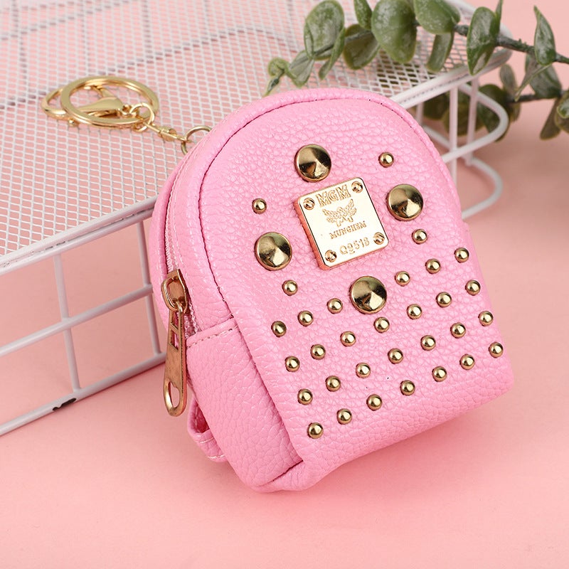 2024 Trendy Mini Backpack Coin Purse Keychain Rivet Pink 