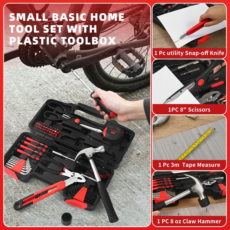 GETFOO 58-Piece Tool Kit Basic Home Repair Tool Set, General Household Hand Tool Kit,Small Tool Kit with Plastic Toolbox Mini Tool kit for Women, Office & College Repairs Red - Image 5