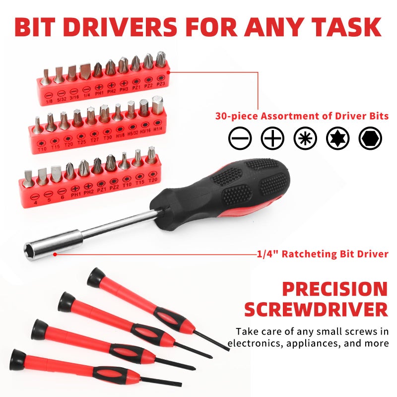 GETFOO 58-Piece Tool Kit Basic Home Repair Tool Set, General Household Hand Tool Kit,Small Tool Kit with Plastic Toolbox Mini Tool kit for Women, Office & College Repairs Red - Image 4