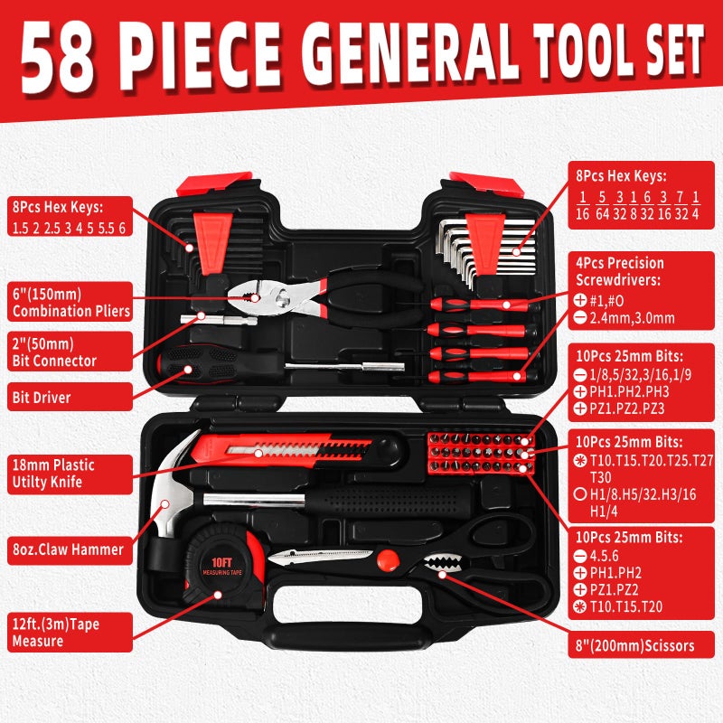 GETFOO 58-Piece Tool Kit Basic Home Repair Tool Set, General Household Hand Tool Kit,Small Tool Kit with Plastic Toolbox Mini Tool kit for Women, Office & College Repairs Red - Image 3