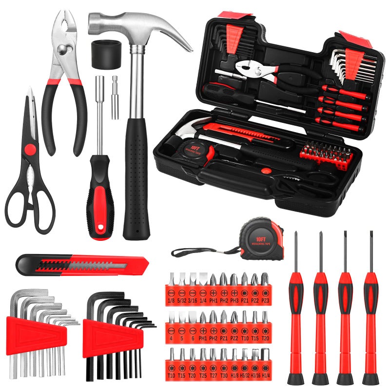 GETFOO 58-Piece Tool Kit Basic Home Repair Tool Set, General Household Hand Tool Kit,Small Tool Kit with Plastic Toolbox Mini Tool kit for Women, Office & College Repairs Red - Image 1