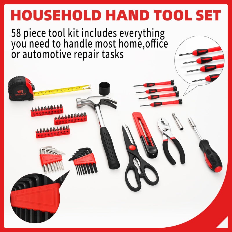 GETFOO 58-Piece Tool Kit Basic Home Repair Tool Set, General Household Hand Tool Kit,Small Tool Kit with Plastic Toolbox Mini Tool kit for Women, Office & College Repairs Red - Image 2