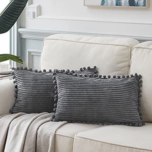 Fancy Homi 2 Pack Dark Gray Lumbar Decorative Throw Pillow Covers 12x20 Inch with Pom-poms for Couch Bedroom Sofa, Soft Corduroy Solid Rectangle Cushion Case 30x50 cm, Farmhouse Boho Home Decor - Image 1