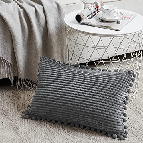 Fancy Homi 2 Pack Dark Gray Lumbar Decorative Throw Pillow Covers 12x20 Inch with Pom-poms for Couch Bedroom Sofa, Soft Corduroy Solid Rectangle Cushion Case 30x50 cm, Farmhouse Boho Home Decor - Image 2