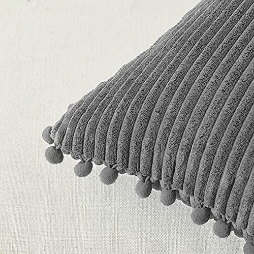 Fancy Homi 2 Pack Dark Gray Lumbar Decorative Throw Pillow Covers 12x20 Inch with Pom-poms for Couch Bedroom Sofa, Soft Corduroy Solid Rectangle Cushion Case 30x50 cm, Farmhouse Boho Home Decor - Image 4