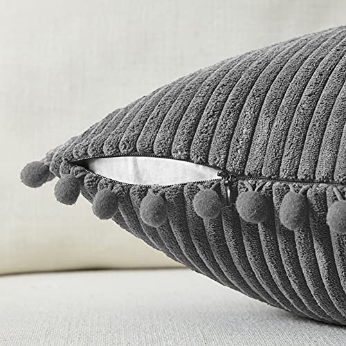Fancy Homi 2 Pack Dark Gray Lumbar Decorative Throw Pillow Covers 12x20 Inch with Pom-poms for Couch Bedroom Sofa, Soft Corduroy Solid Rectangle Cushion Case 30x50 cm, Farmhouse Boho Home Decor - Image 3