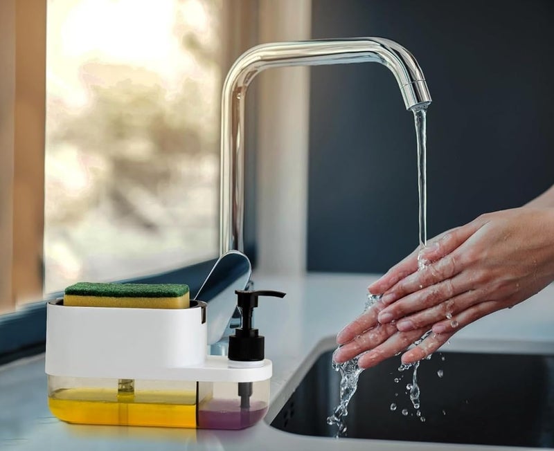 BENAVJI Outdoor Living 3-in-1 Sink Soap Dispenser with Sponge Holder – Dual Liquid Pump for Dishwashing Liquid & Hand Wash, Kitchen Counter Organizer Pack of 2 - Image 2