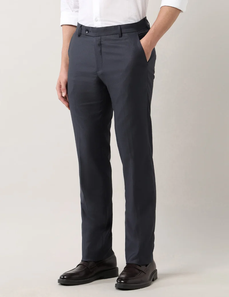 Arrow Dark Blue Mid Rise Solid Trousers for Men | Best Price UAE