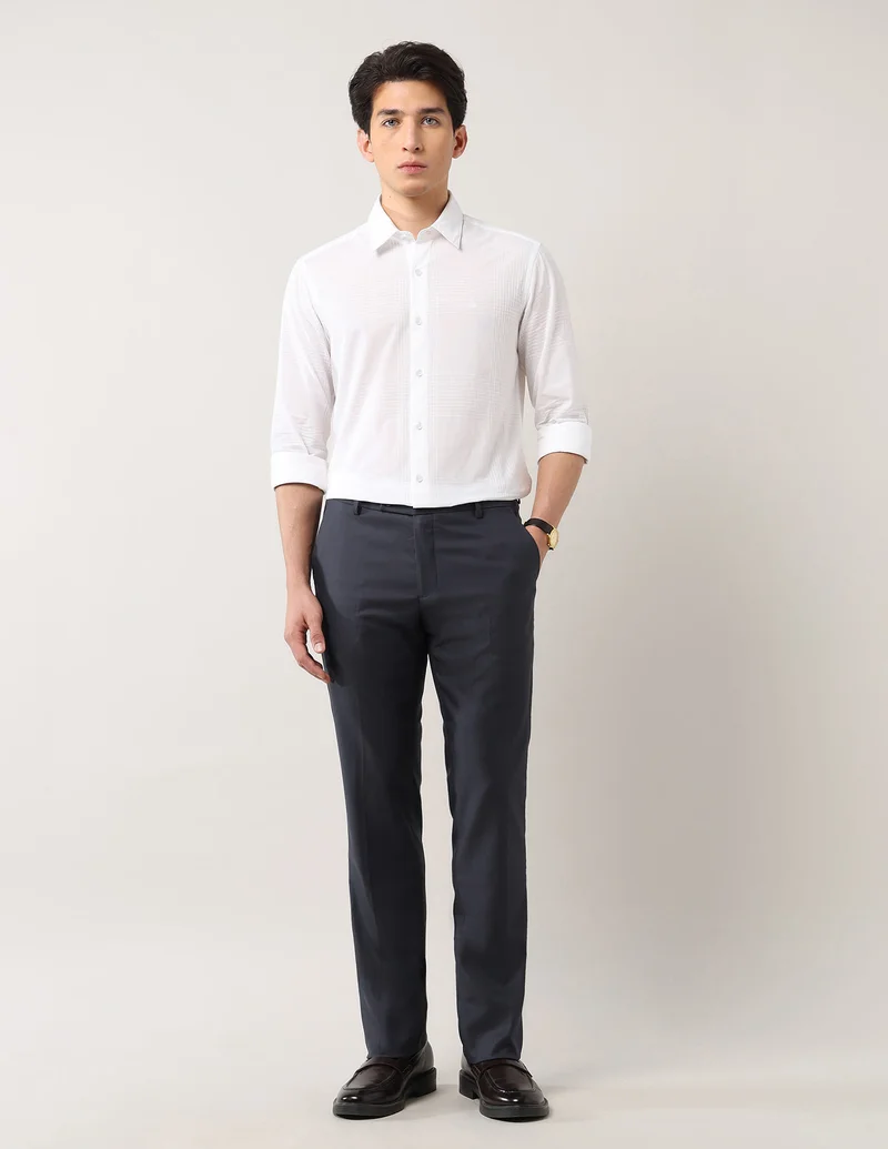 Arrow Dark Blue Mid Rise Solid Trousers for Men | Best Price UAE