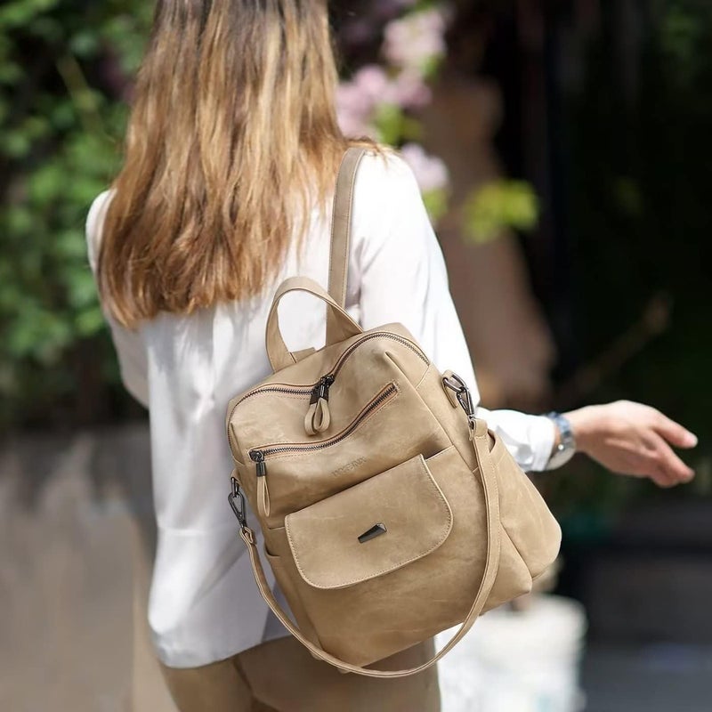 WYFJNX PU Leather Backpack Purse for Women Fashion Multipurpose Design Handbag Ladies Shoulder Bags Travel Backpack Khaki - Image 5