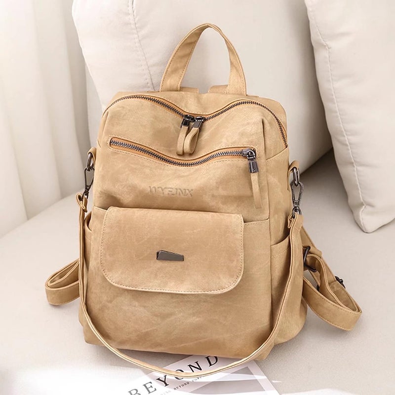 WYFJNX PU Leather Backpack Purse for Women Fashion Multipurpose Design Handbag Ladies Shoulder Bags Travel Backpack Khaki - Image 4