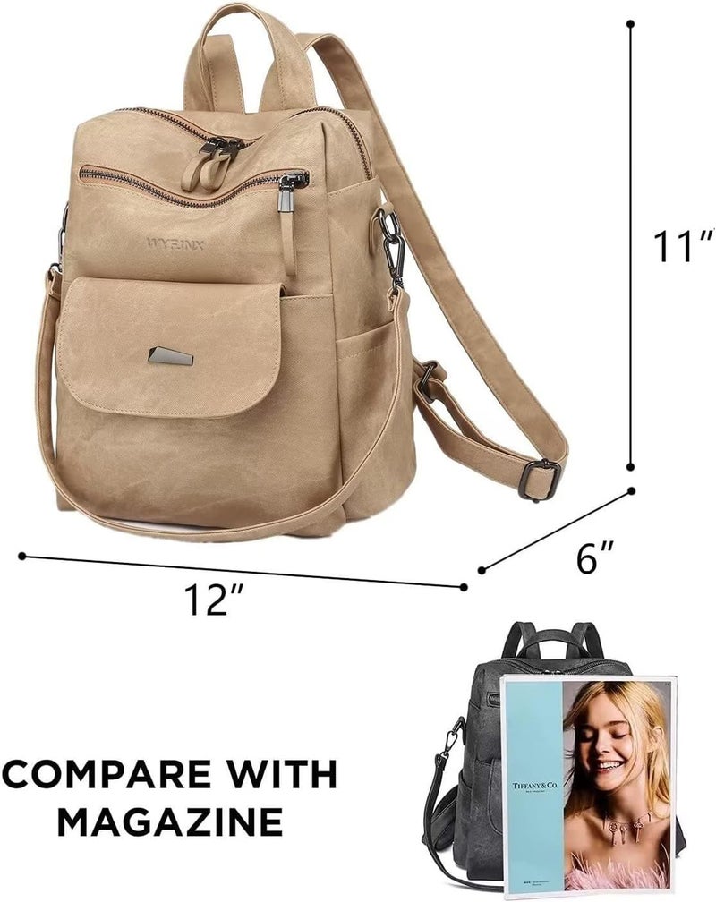 WYFJNX PU Leather Backpack Purse for Women Fashion Multipurpose Design Handbag Ladies Shoulder Bags Travel Backpack Khaki - Image 2