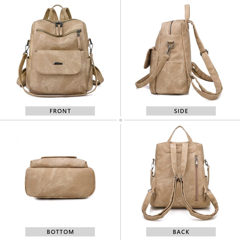WYFJNX PU Leather Backpack Purse for Women Fashion Multipurpose Design Handbag Ladies Shoulder Bags Travel Backpack Khaki - Image 3